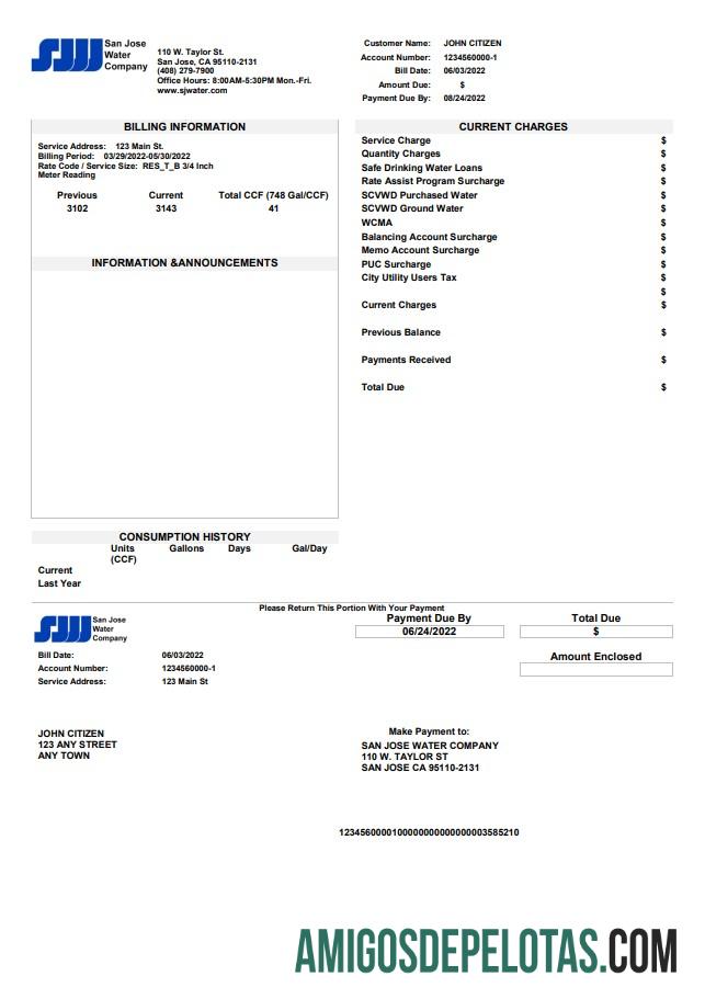 Em branco modelo de conta de serviços públicos de água dos EUA Califórnia San Jose em formato Word e PDF